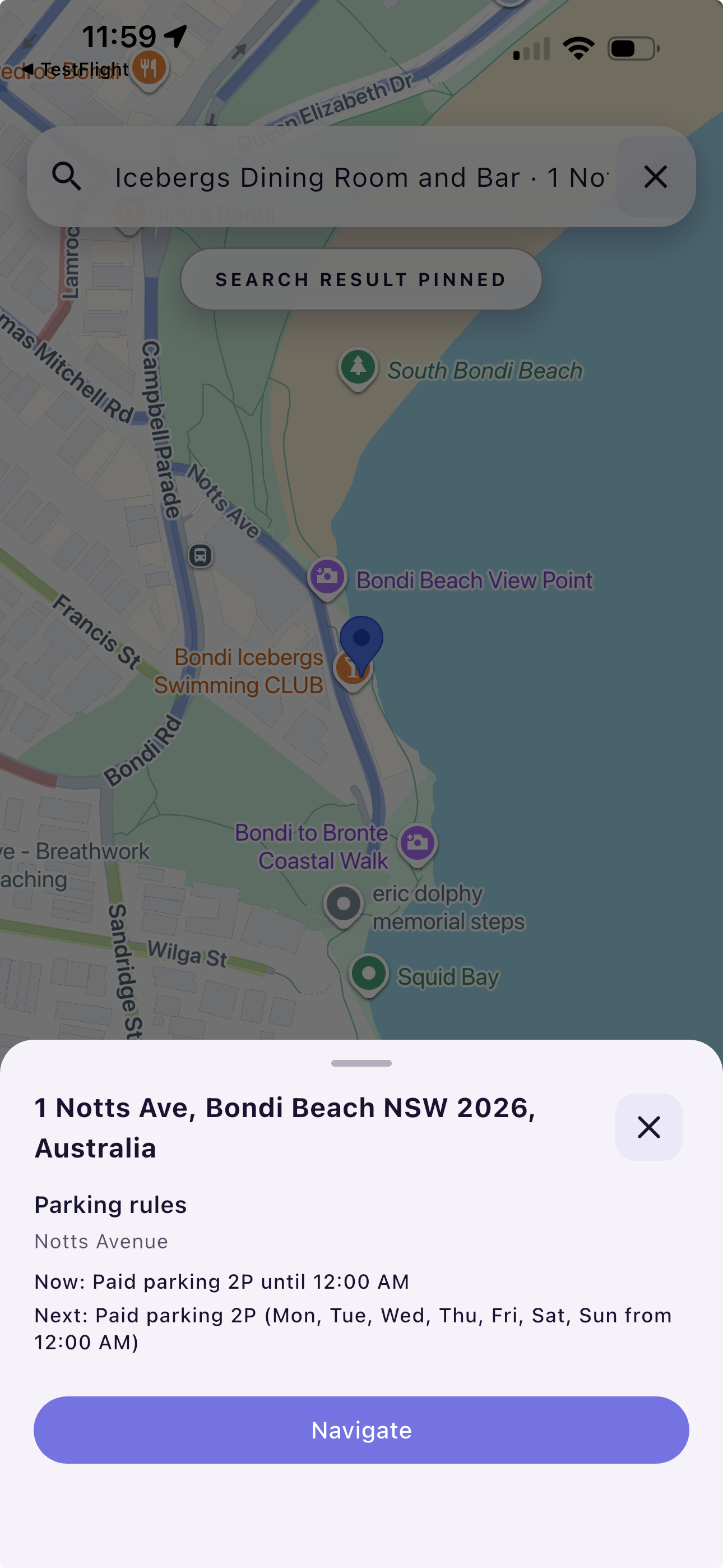 Premo app showing parking rules at destination