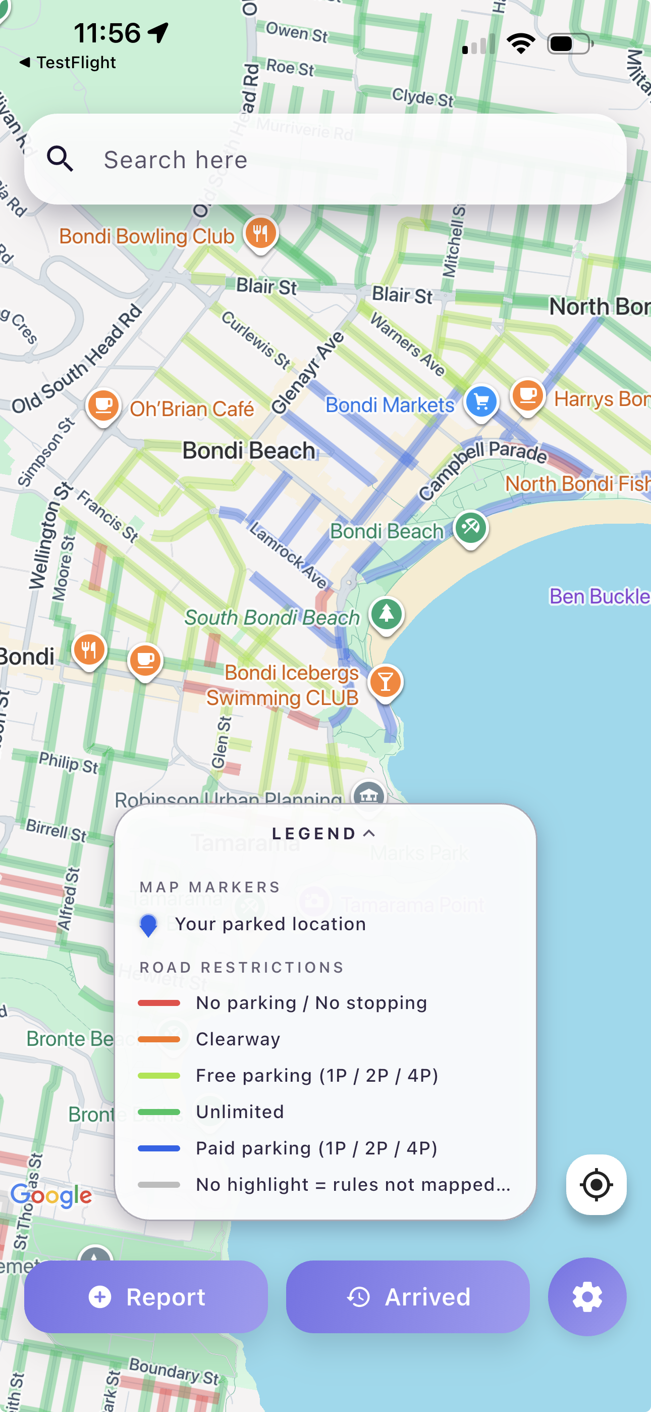 Premo app overview map with parking legend